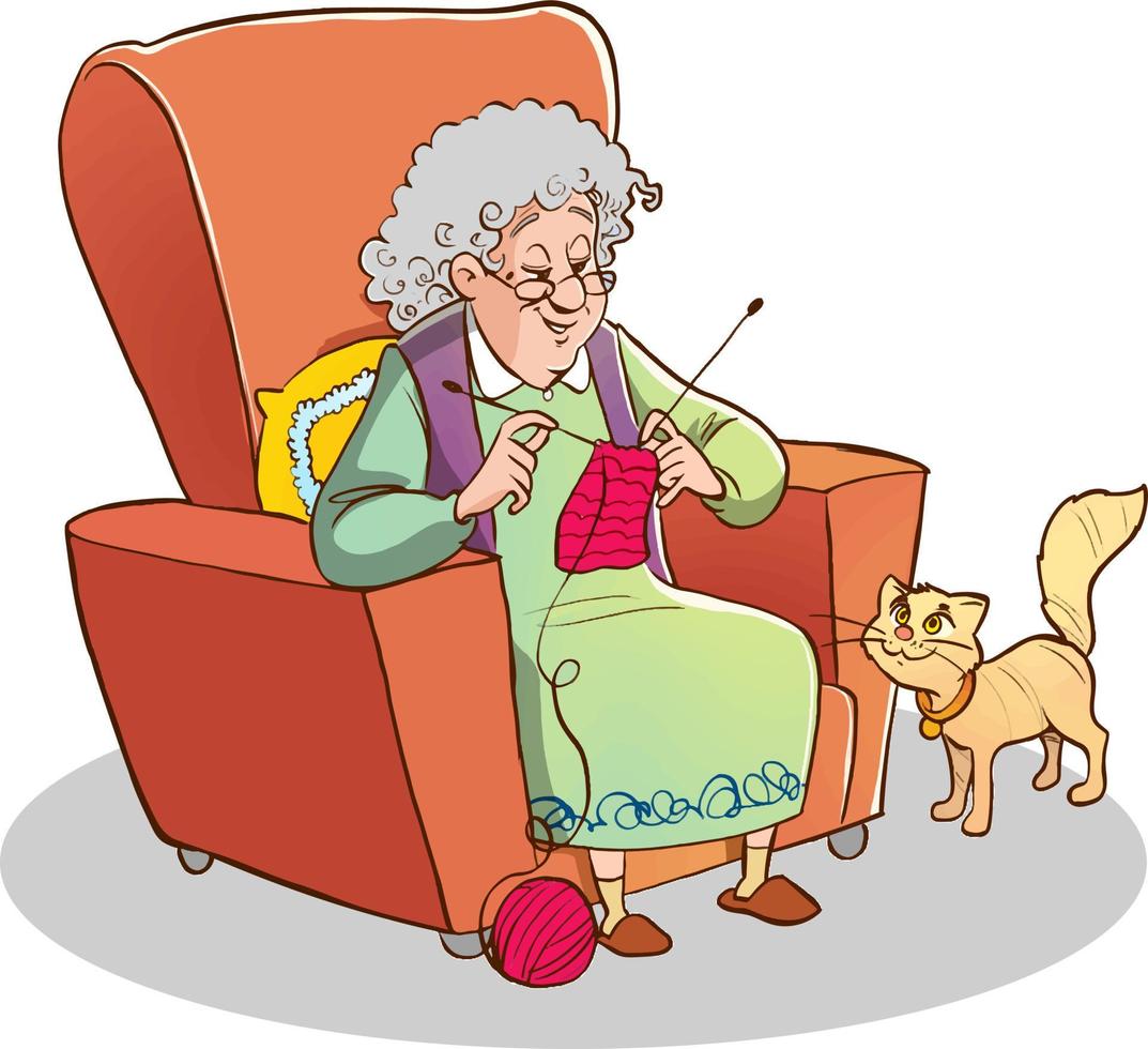 grandma knitting sitting on sofa vector illustration