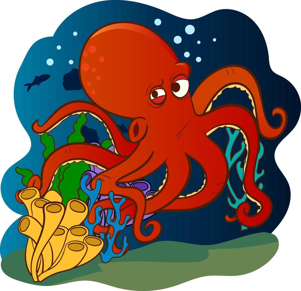vector illustration of red octopus underwater