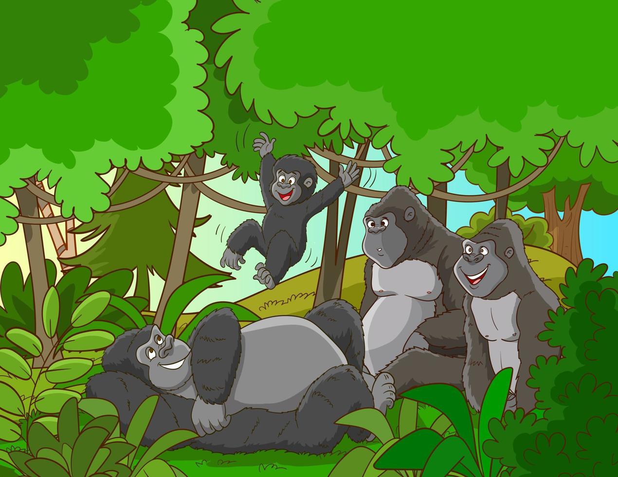 familia de gorilas en la escena del bosque o la selva con muchas ilustraciones de árboles vector