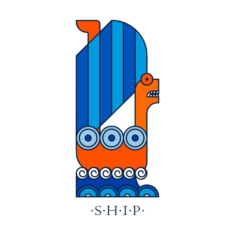 Northern combat fantasy long-ship with striped sail and dragon head vector
