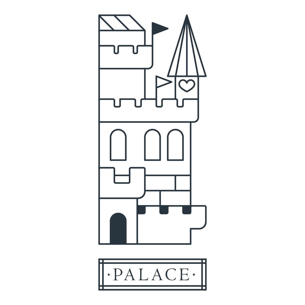 Fantasy palace with heart towers and flags. Medieval dragon fortress vector