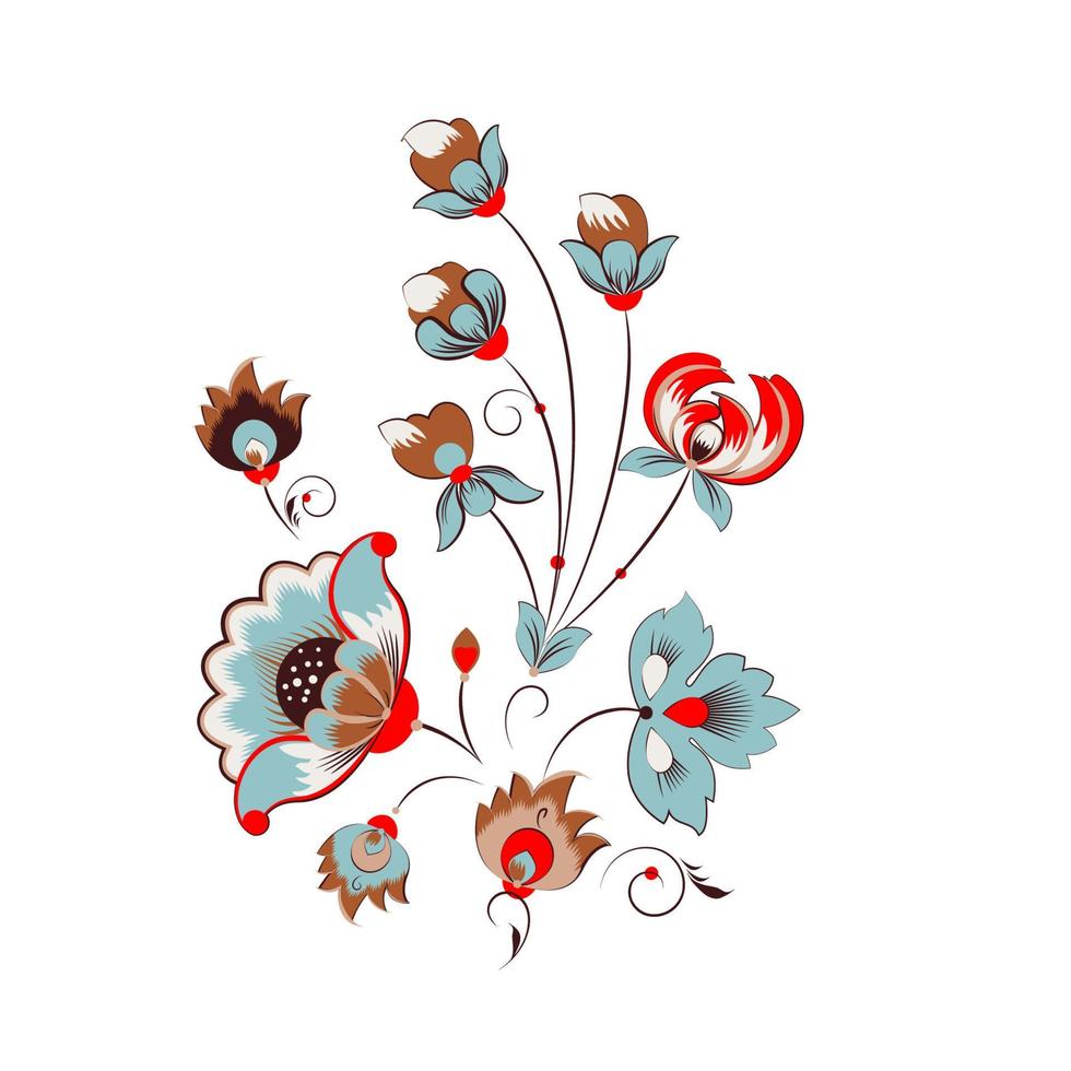 Russian flower ornament, peony and leaves vector