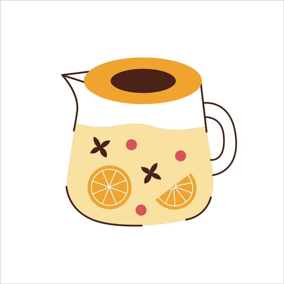 Modern stylish glass teapot with fruit tea. Spicy Tea with berries and orange. Bright vector illustration in a cute hand drawn style