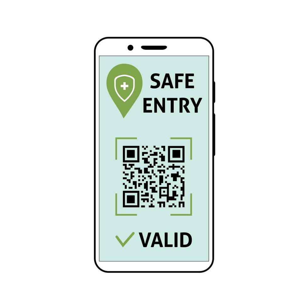 Vertical banner with qr-code and pass check mark valid. Safe Entry text and medical green shild. Public location safe for health. Public covid-free places for vaccinated customers vector