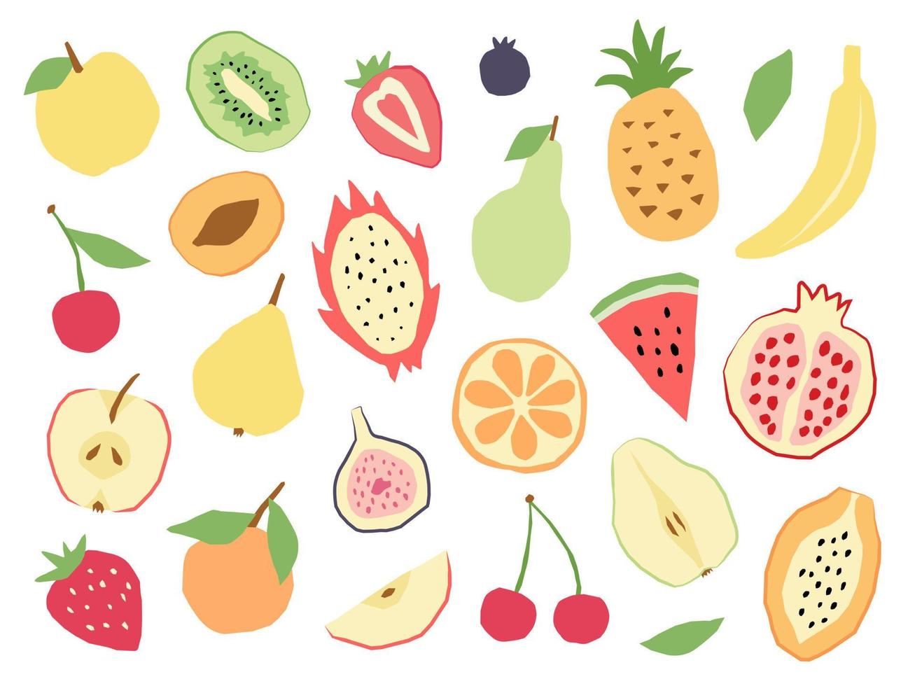 conjunto de frutas abstractas jugosas y brillantes en un estilo plano dibujado a mano. ilustración vectorial con diferentes frutas y bayas modernas vector