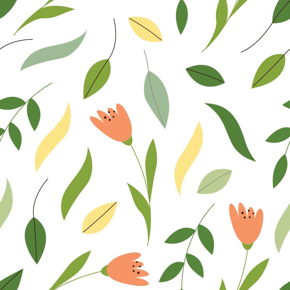 patrón botánico sin fisuras sobre un fondo blanco con flores y follaje de color melocotón. fresco y brillante. perfecto para el diseño de ropa, textiles, papel tapiz, cuadernos vector