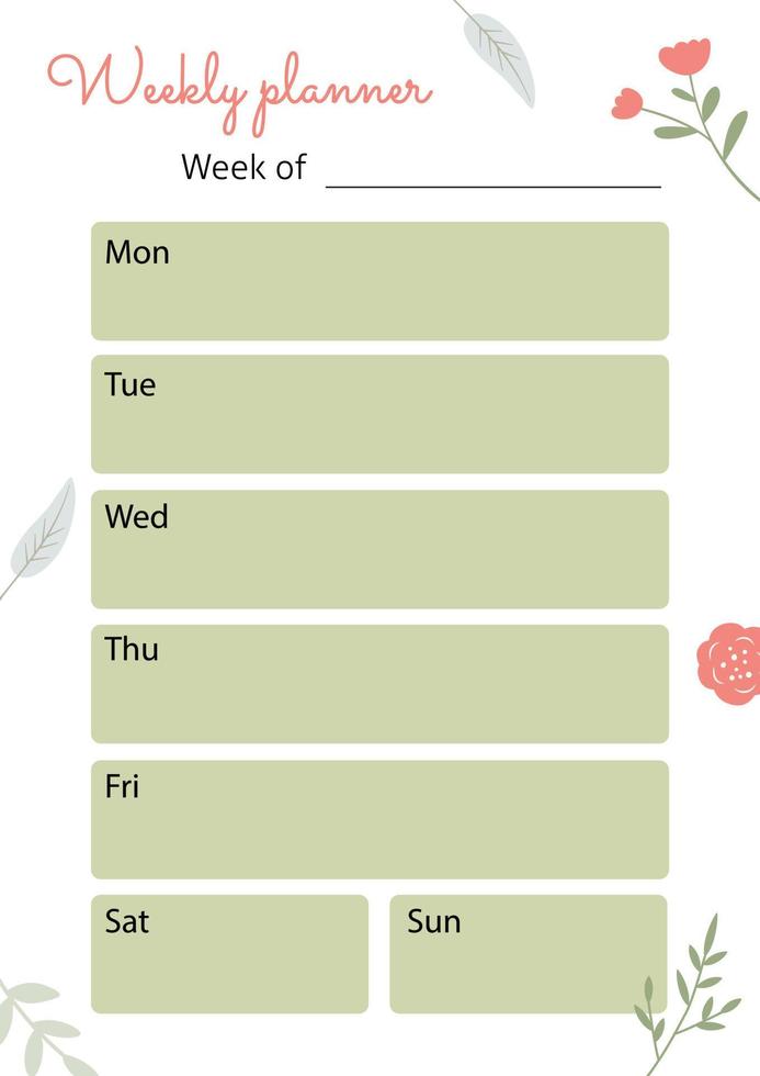 A vertical sheet with the planning of the week. Vector template with flowers and leaves. Perfect for a notebook or diary