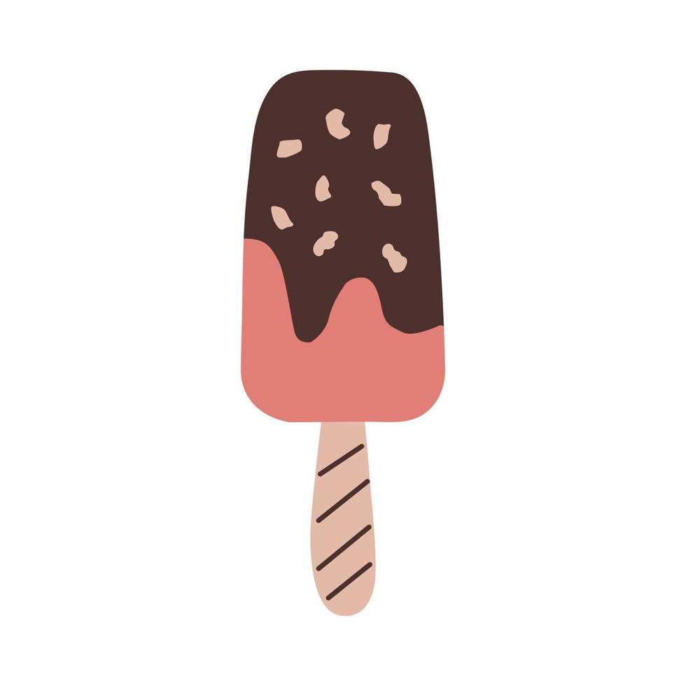 paleta de helado rosa y marrón en un palo con chocolate y cabañas. linda ilustración vectorial en estilo plano dibujado a mano aislado en un fondo blanco vector