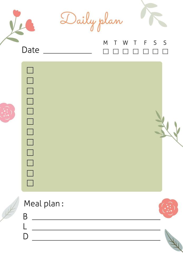 A vertical sheet with the planning of the day. Vector template with flowers and leaves. Perfect for a notebook or diary