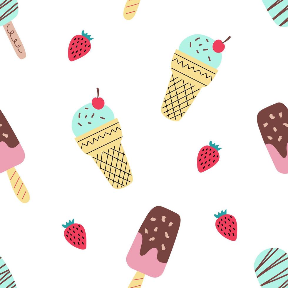 Bright seamless pattern different ice cream in a cute hand-drawn style. Vector white background