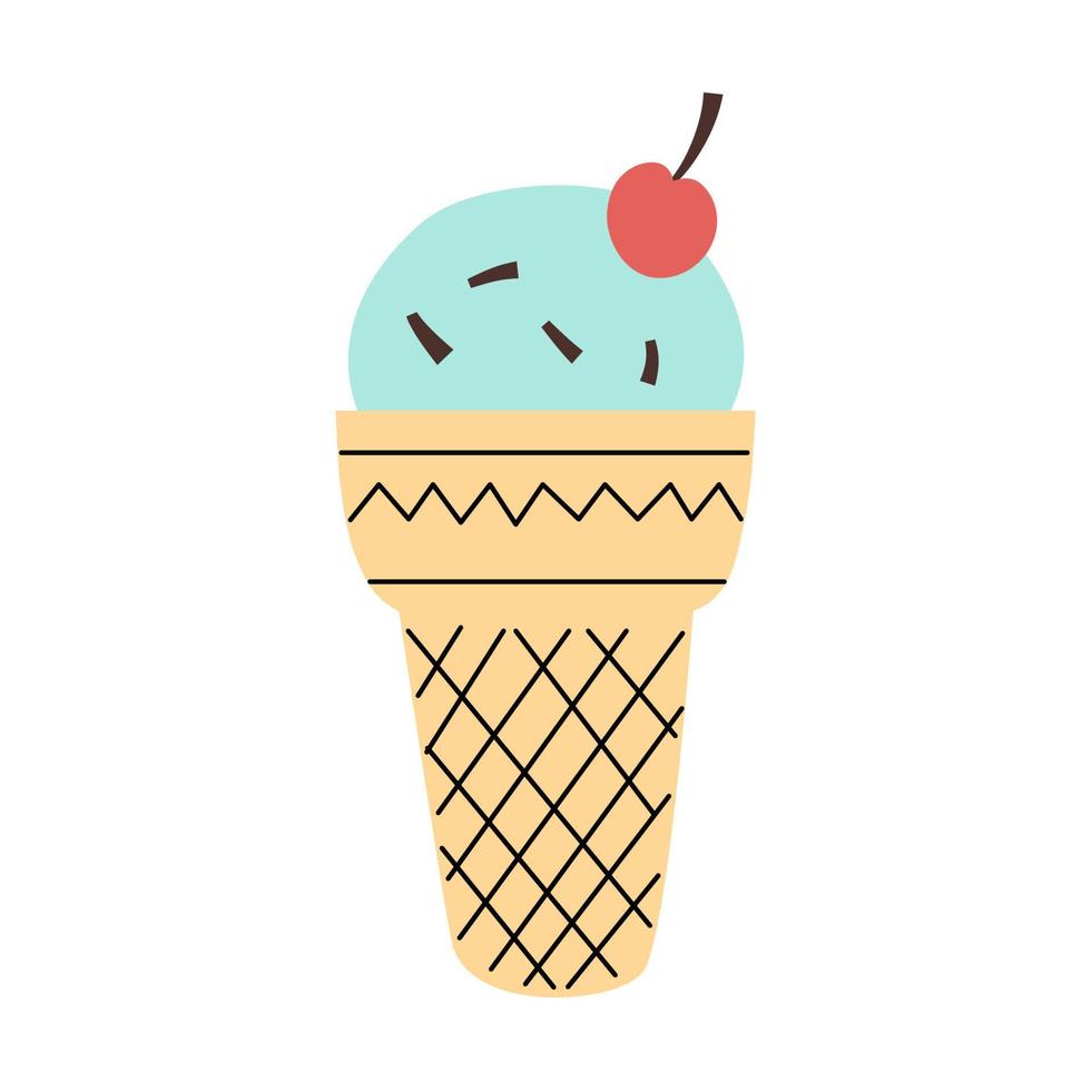 Mint ice cream waffle cone with cherry in a handdrawn flat style. Cute