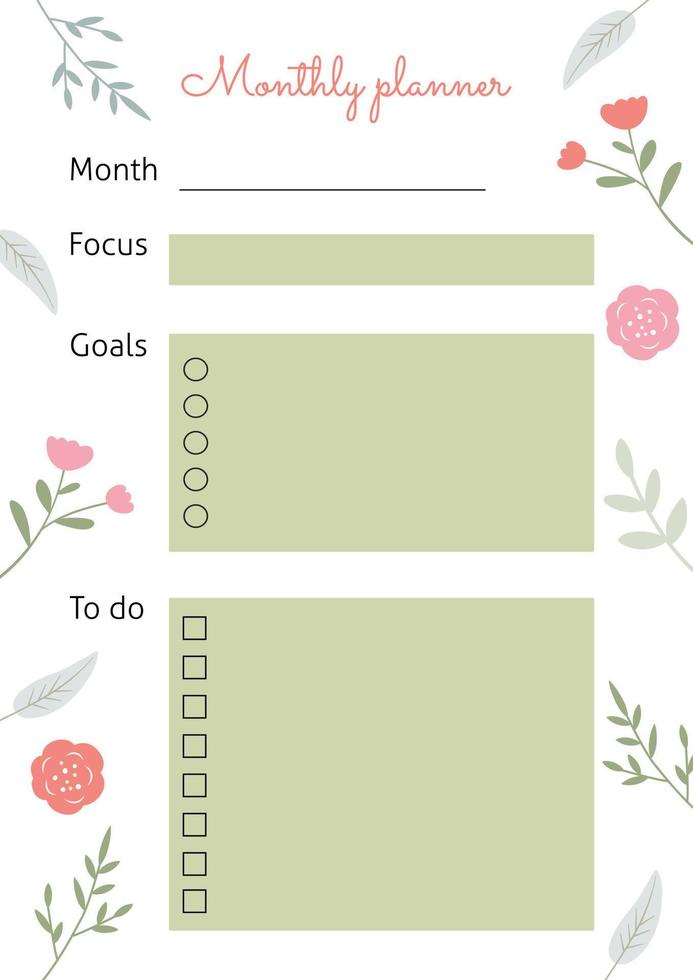 A vertical sheet with the planning of the month. Vector template with flowers and leaves. Perfect for a notebook or diary