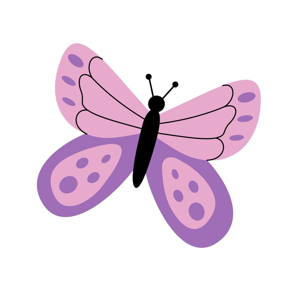 bonita mariposa moderna en un estilo plano dibujado a mano. ilustración vectorial aislada en un fondo blanco. colorido lila rosa insecto mariposa vector