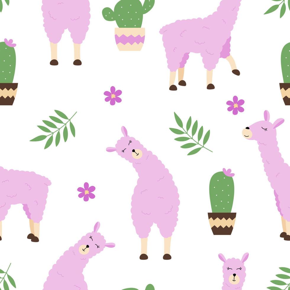Seamless pattern with pink llamas, cacti and leaves on a white background. vector