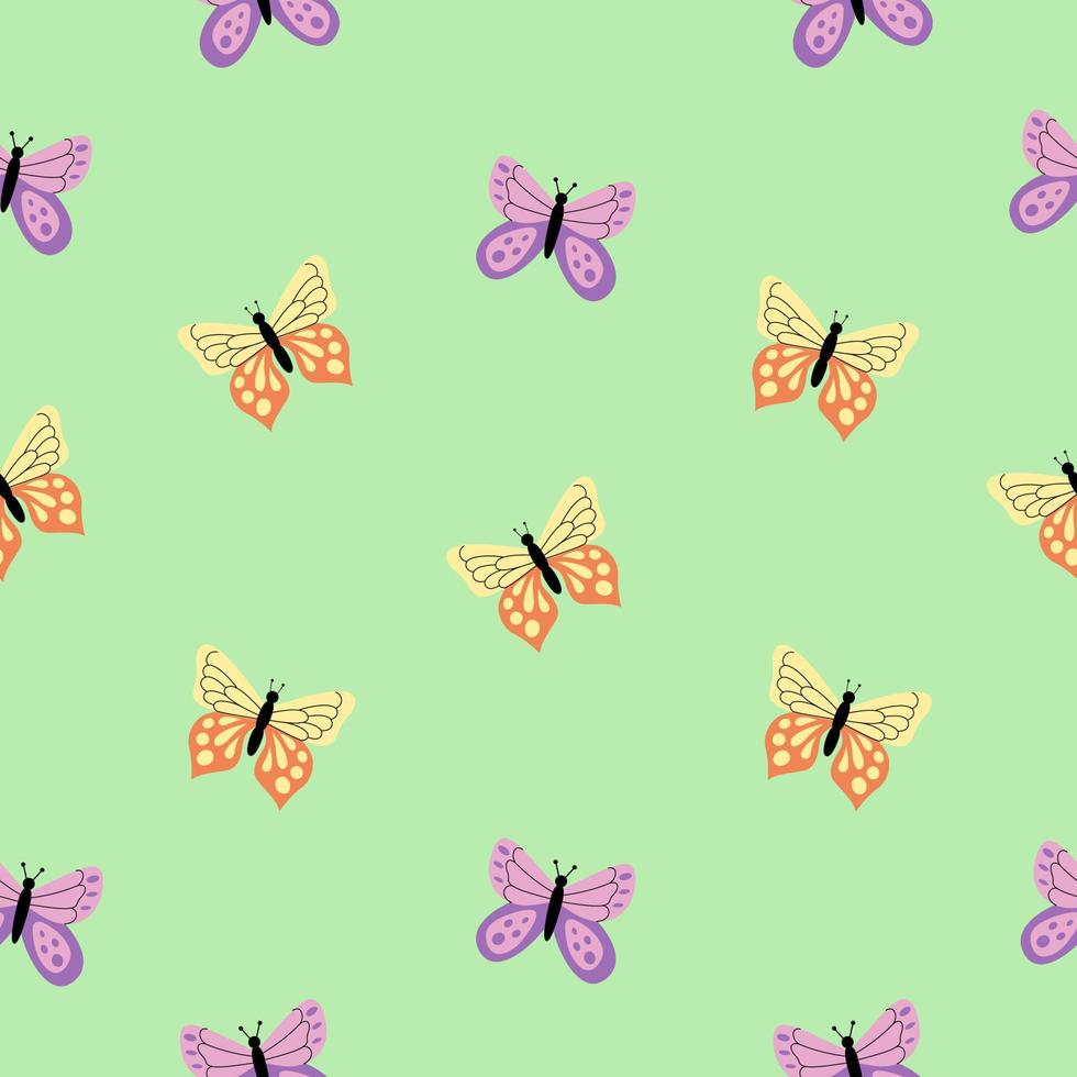 Seamless pattern with butterflies on a light green background. Gentle vector wallpaper in hand-drawn flat style. Perfect for textiles, clothing, stationary, surface design