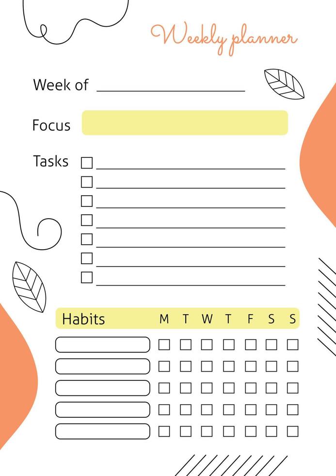 A vertical sheet with the planning of the week. Vector template with abstract and linear elements. Perfect for a notebook or diary