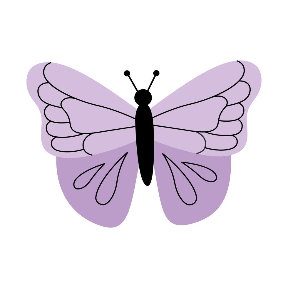 bonita mariposa moderna en un estilo plano dibujado a mano. ilustración vectorial aislada en un fondo blanco. colorido lila púrpura insecto mariposa vector