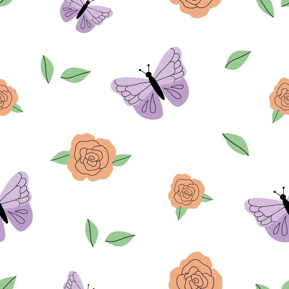 Pattern with butterflies and roses on a white background. Romantic light vector pattern in hand-drawn flat style. Perfect for wallpaper, textiles, women's clothing or accessories
