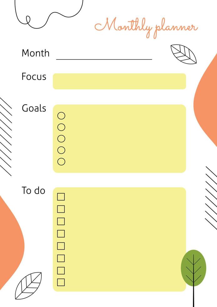 A vertical sheet with the planning of the month. Vector template with abstract and linear elements. Perfect for a notebook or diary