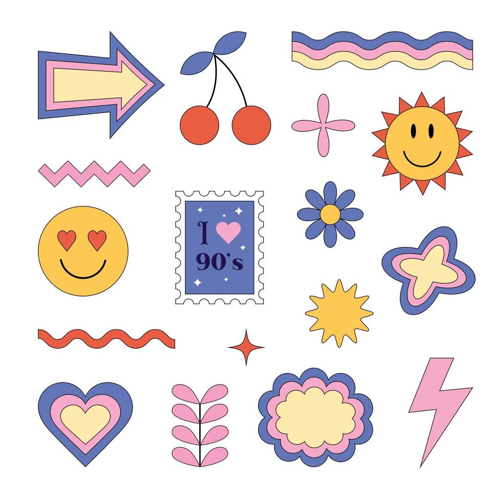 Abstract retro stickers in the style of the 1990s. Multicoloured vector shapes isolated on a white