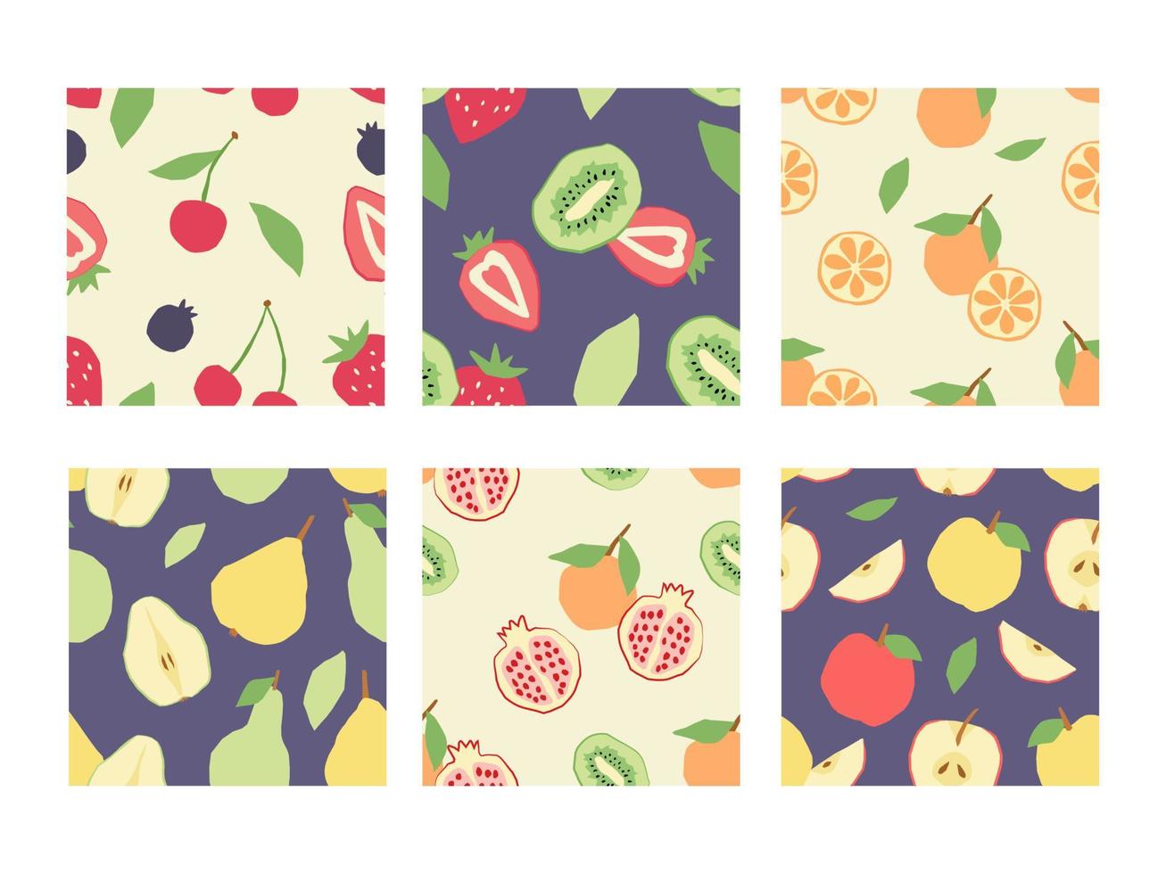 A collection of seamless patterns of different abstract fruits and berries. Vector background in hand-drawn flat style