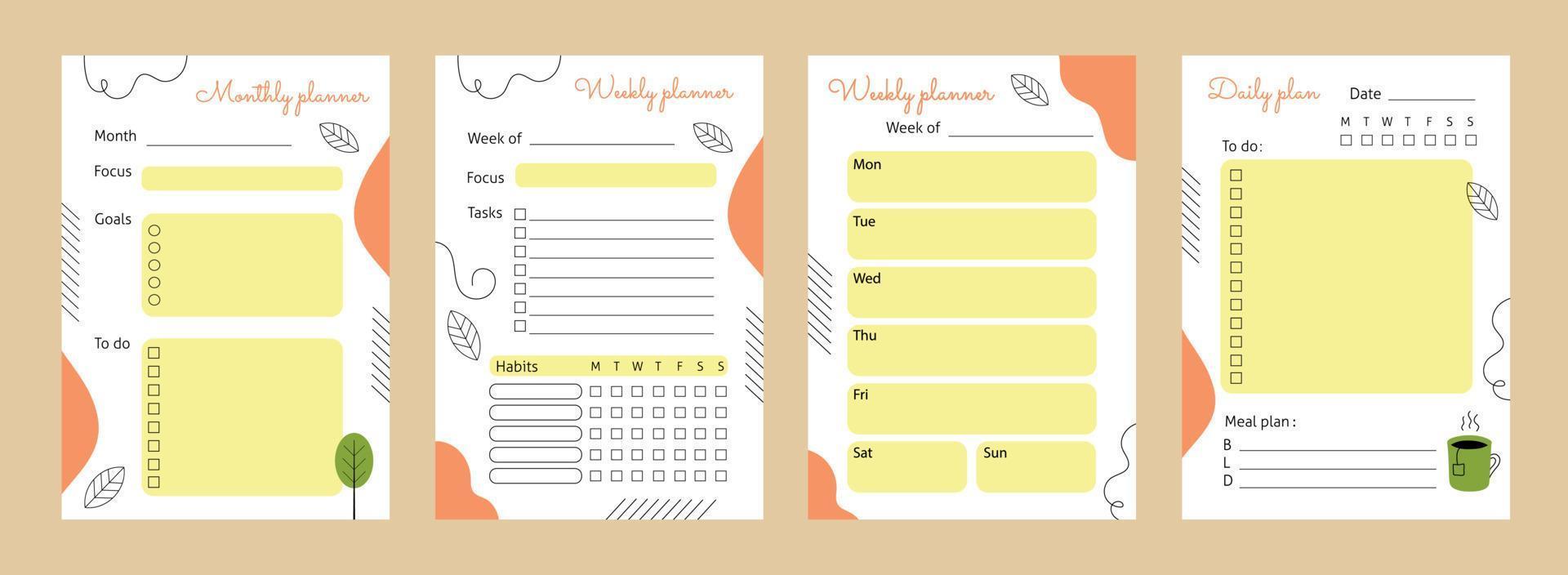 A set of pages for planning a day, week, month. Vector element with abstract elements and lines. Habit tracker, meal planning, to-do list