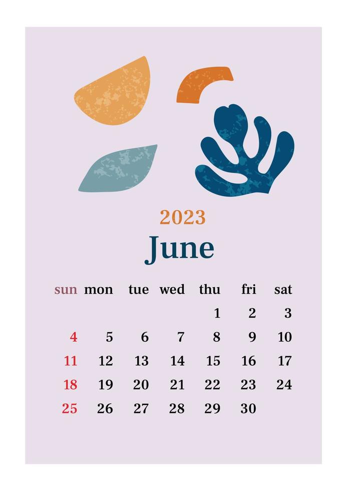 The page with the month June 2023 with abstract organic shapes in muted tones. Vertical poster in aesthetic style in pastel colors. Vector illustration design