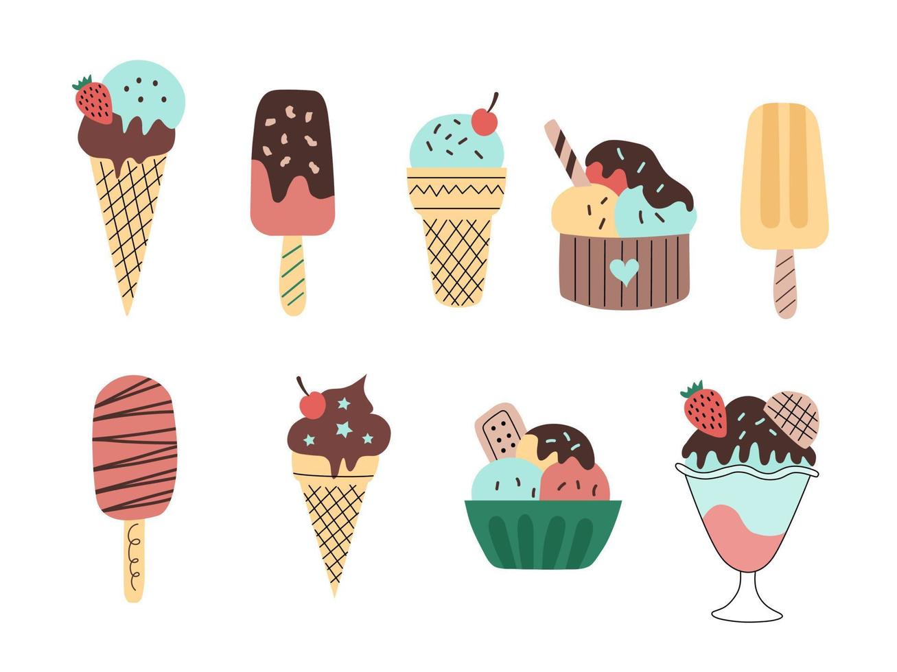 A set of different types of ice cream waffle cone, popsicle, in a jar, in a glass bowl. Cute vector illustration in a hand-drawn flat style isolated on a white background