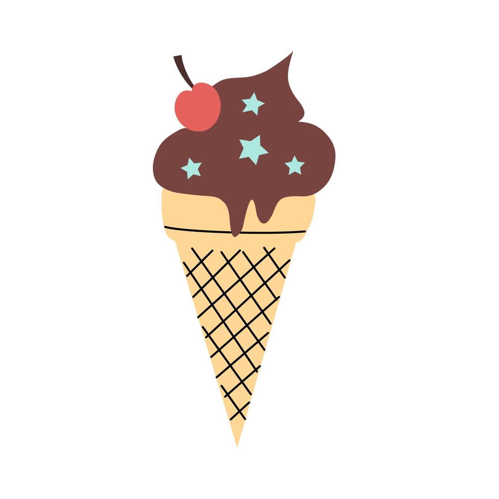 Chocolate ice cream waffle cone with cherry and topping in a hand-drawn flat style. Cute vector illustration isolated on a white background