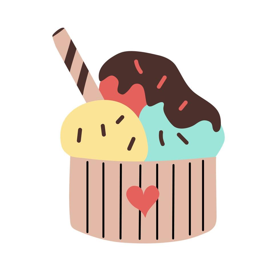 diferentes bolas de helado en un frasco con cobertura y chocolate en un estilo plano dibujado a mano. linda ilustración vectorial aislada en un fondo blanco vector