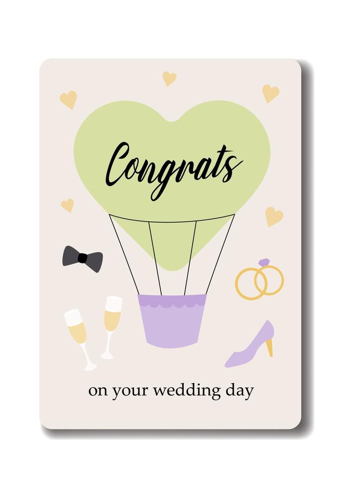 Vertical greeting card for a wedding in a lilac, gold and green. Vector design template with balloon and wedding elements in a cute flat style