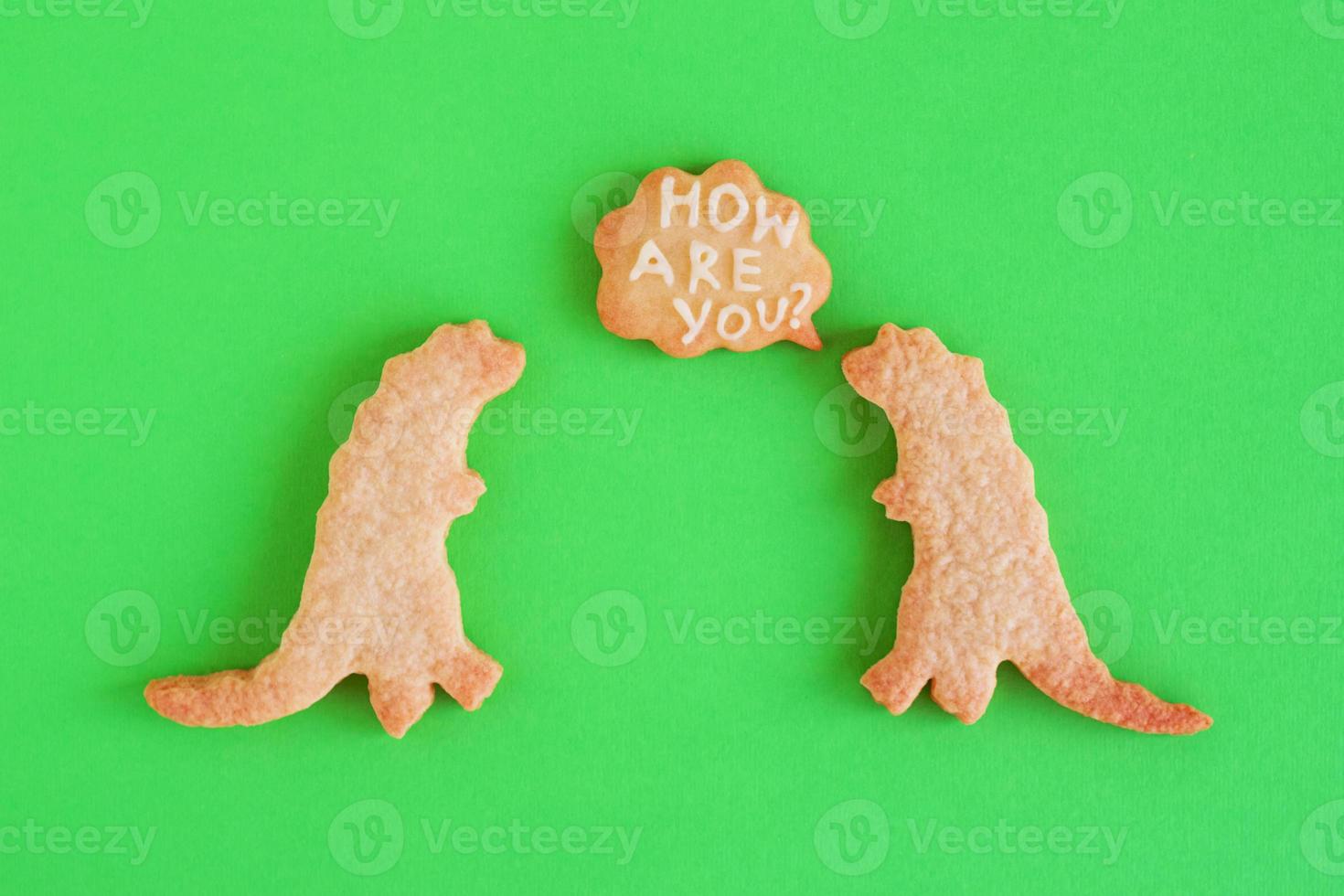Homemade shortbread cookies in shapes of dinosaurs with callout cloud with text  - How are you - on green background, top view. photo