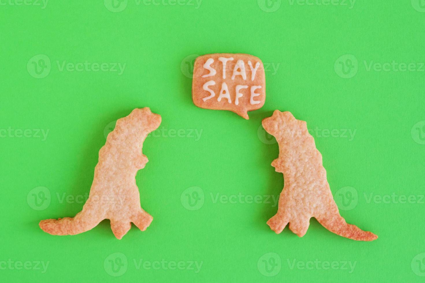 Two homemade cookies in shapes of dinosaurs with inscription - Stay safe - on green background, top view. Sweet shortbread with white glaze. Social distancing concept. photo