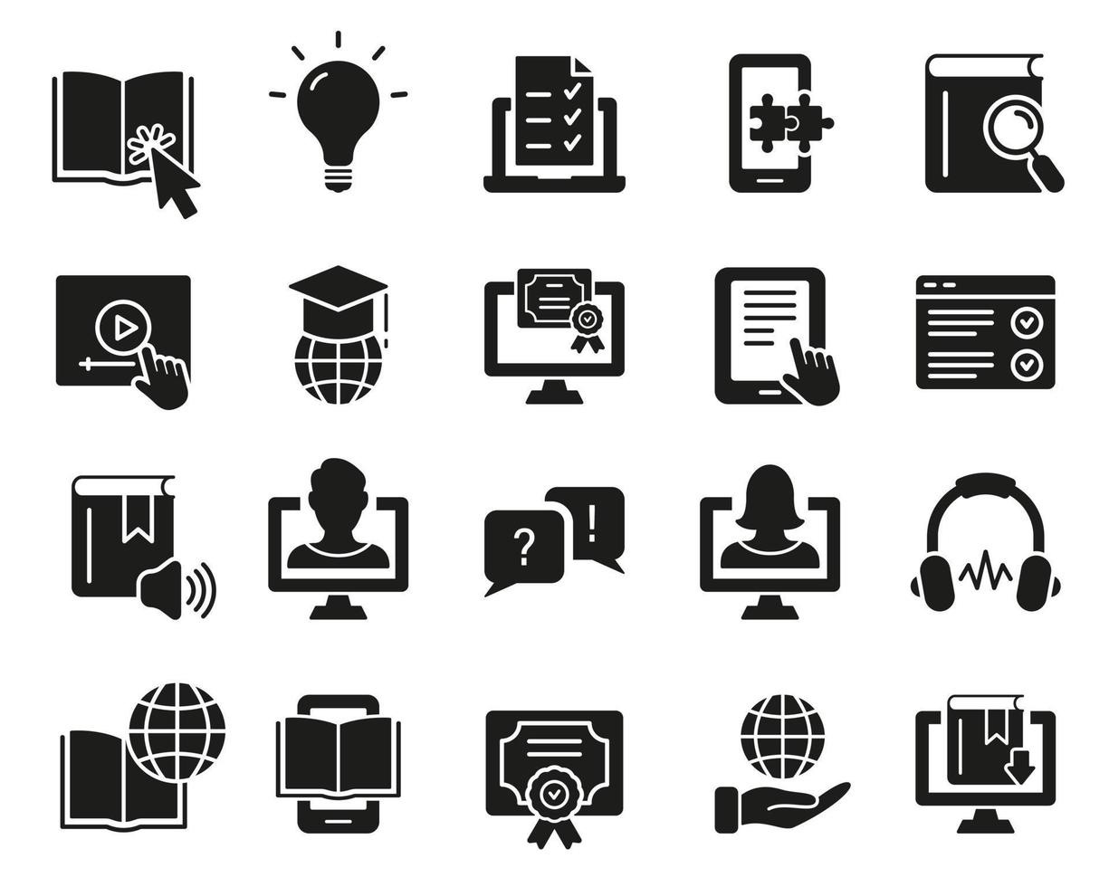 Digital Study in Computer Courses Silhouette Icon Set. Online Education in University and School Glyph Pictogram. Web Book, Technology E Learning Library Symbol. Isolated Vector Illustration.