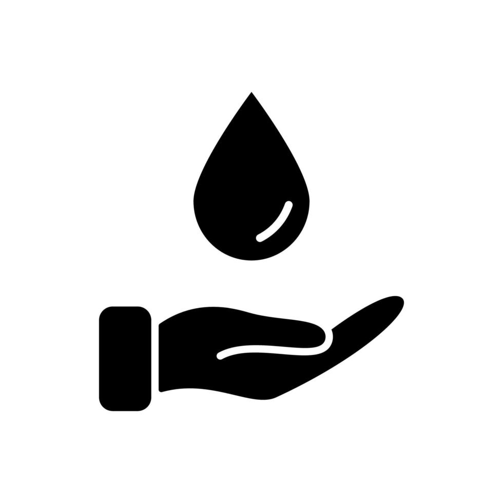 mano con icono de silueta de gota de agua. concepto de caridad, cuidado, ahorro, voluntariado y donación. ahorre agua y ayude a los iconos negros pobres y sin hogar. firmar para la ecología. ilustración vectorial aislada. vector