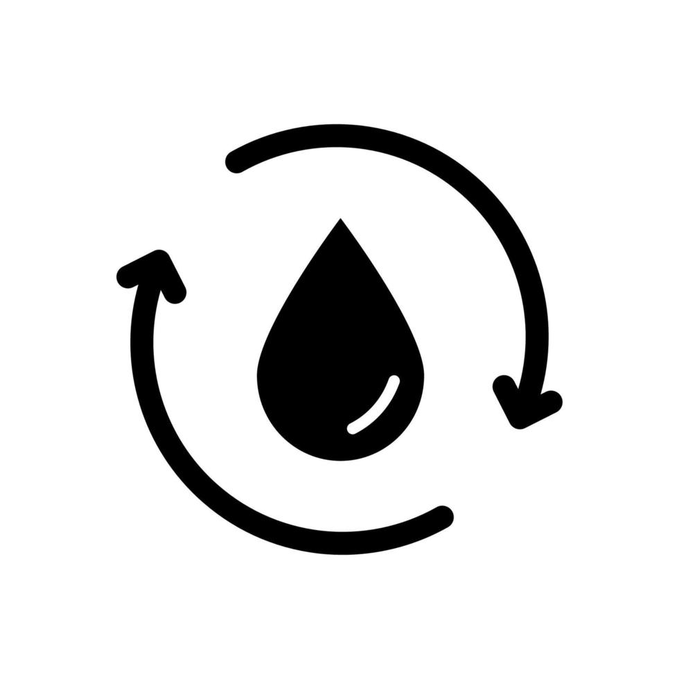 Recycle or Reuse Water Silhouette Icon. Save world. Recycle symbol. Water Drop with 2 Sync and Circular Arrows. Renew of Liquid. Vector Isolated Illustration.