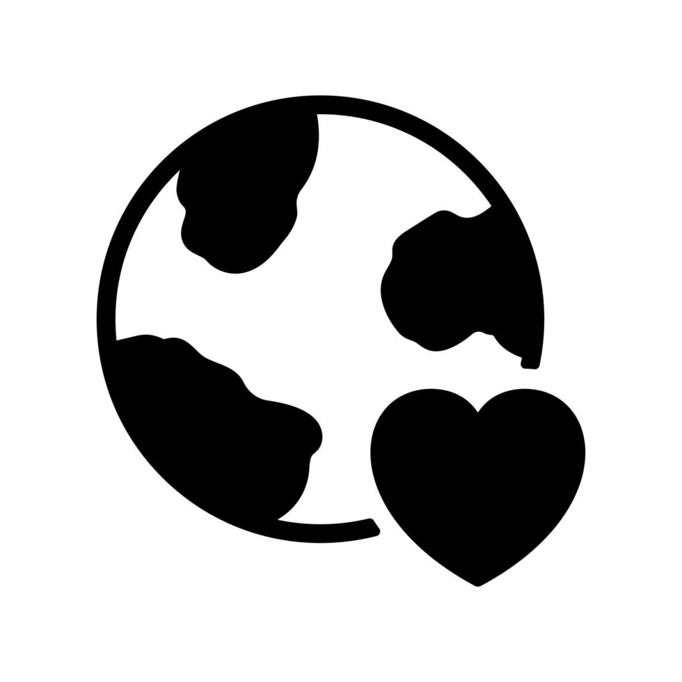 icono de silueta de tierra de amor. forma de corazón y pictograma negro del planeta globo. concepto de caridad, organización de donaciones y amor internacional. salvar la tierra y el mundo. ilustración vectorial vector