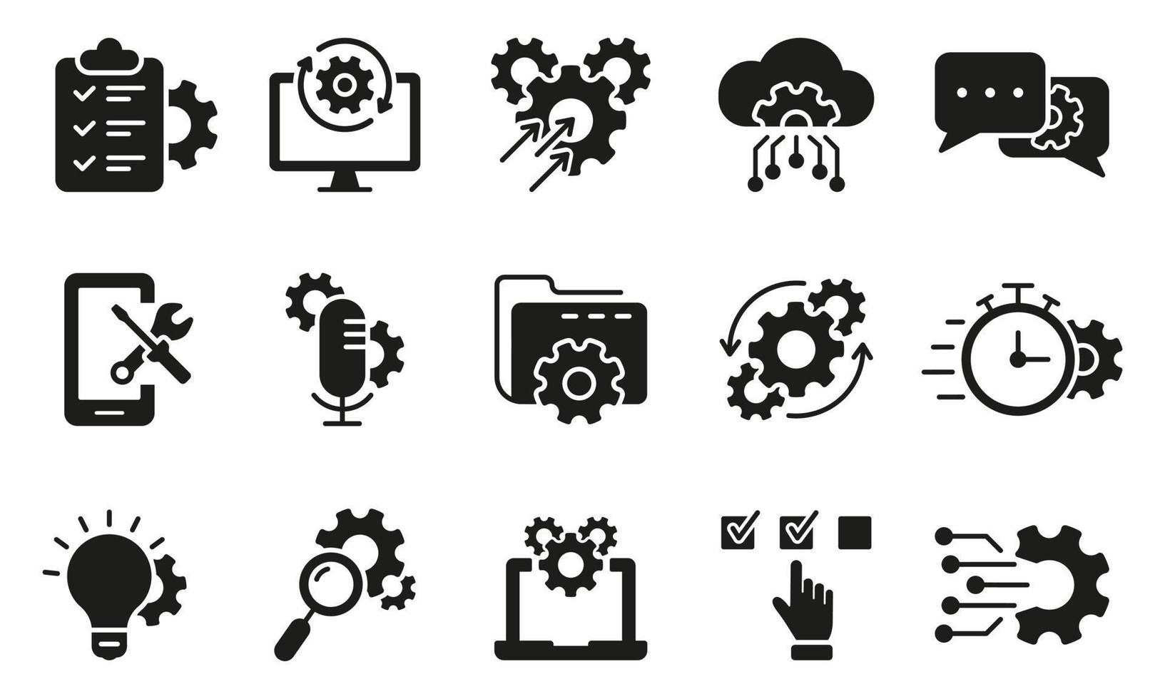 Technology Configuration Silhouette Icon. Innovation Business Process Black Icon. Gear, Computer, Tool, Speech Bubble Digital Setting Pictogram. Isolated Vector Illustration.
