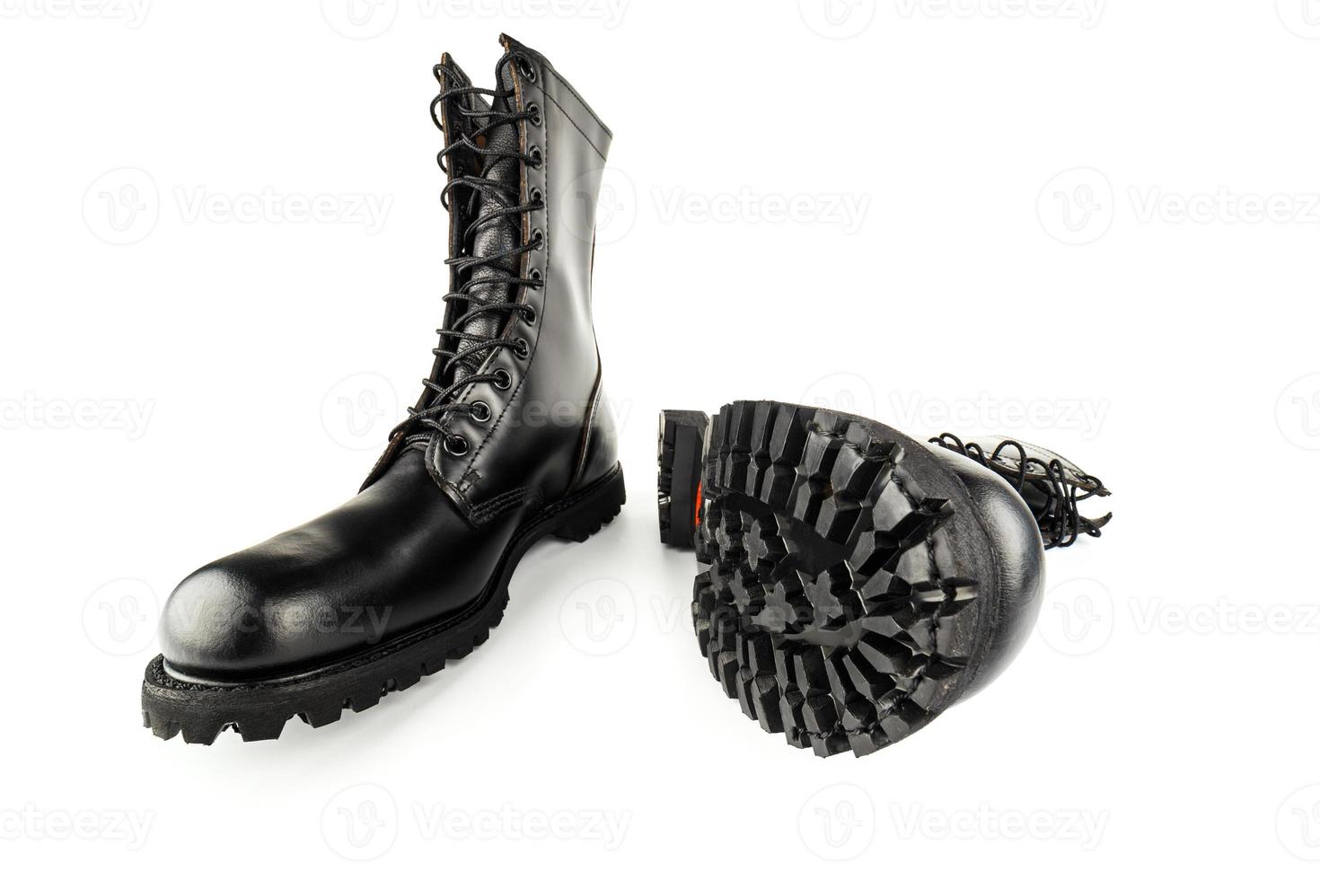pair of black leather 10-inch new black military combat boots, isolated on white background photo
