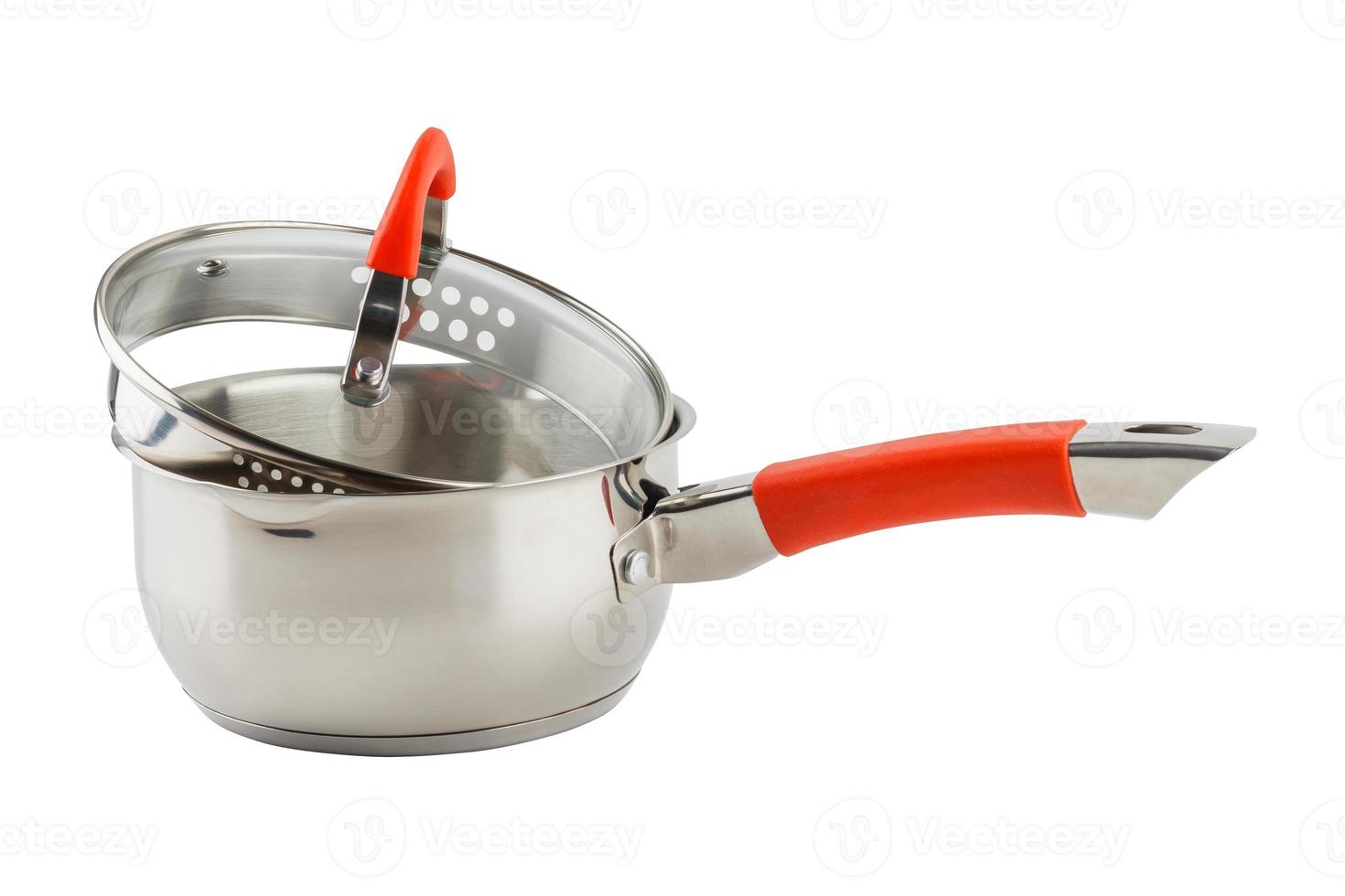 small shiny stainless steel pot with orange handle and glass lid - isolated on white photo