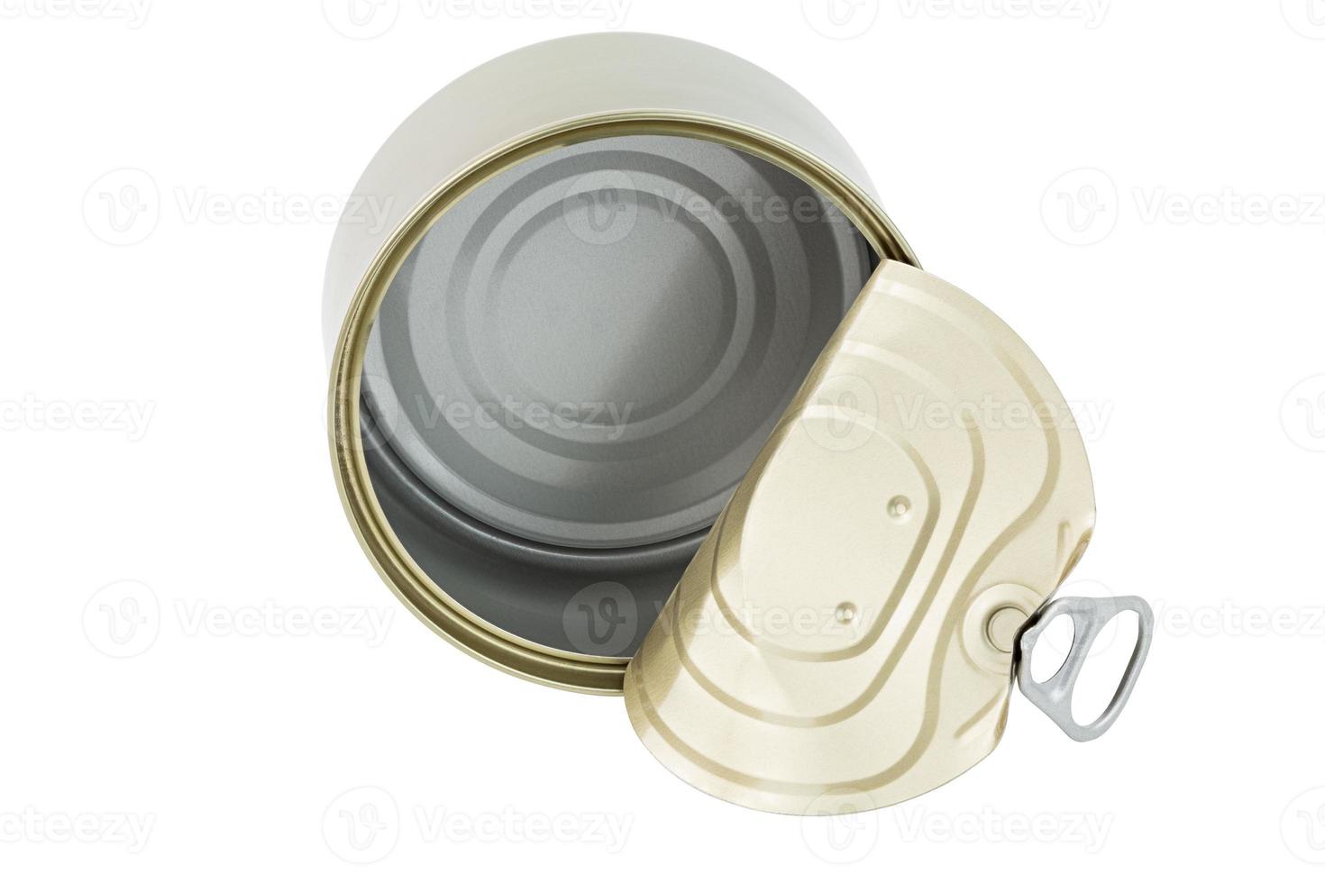 opened clean tin can with pull tab ring, bended lid and empty - isolated on white, top-down view photo