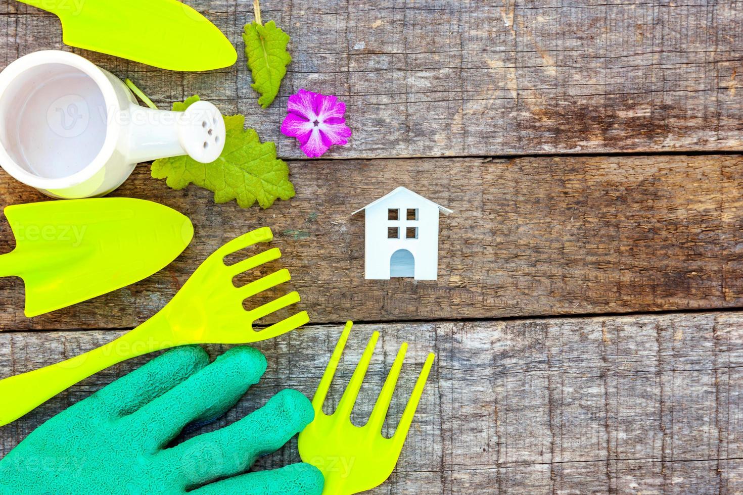 Gardening Tools on wooden background photo