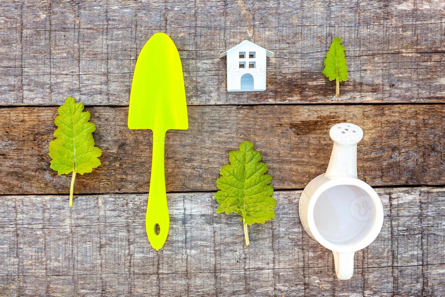 Gardening Tools on wooden background photo