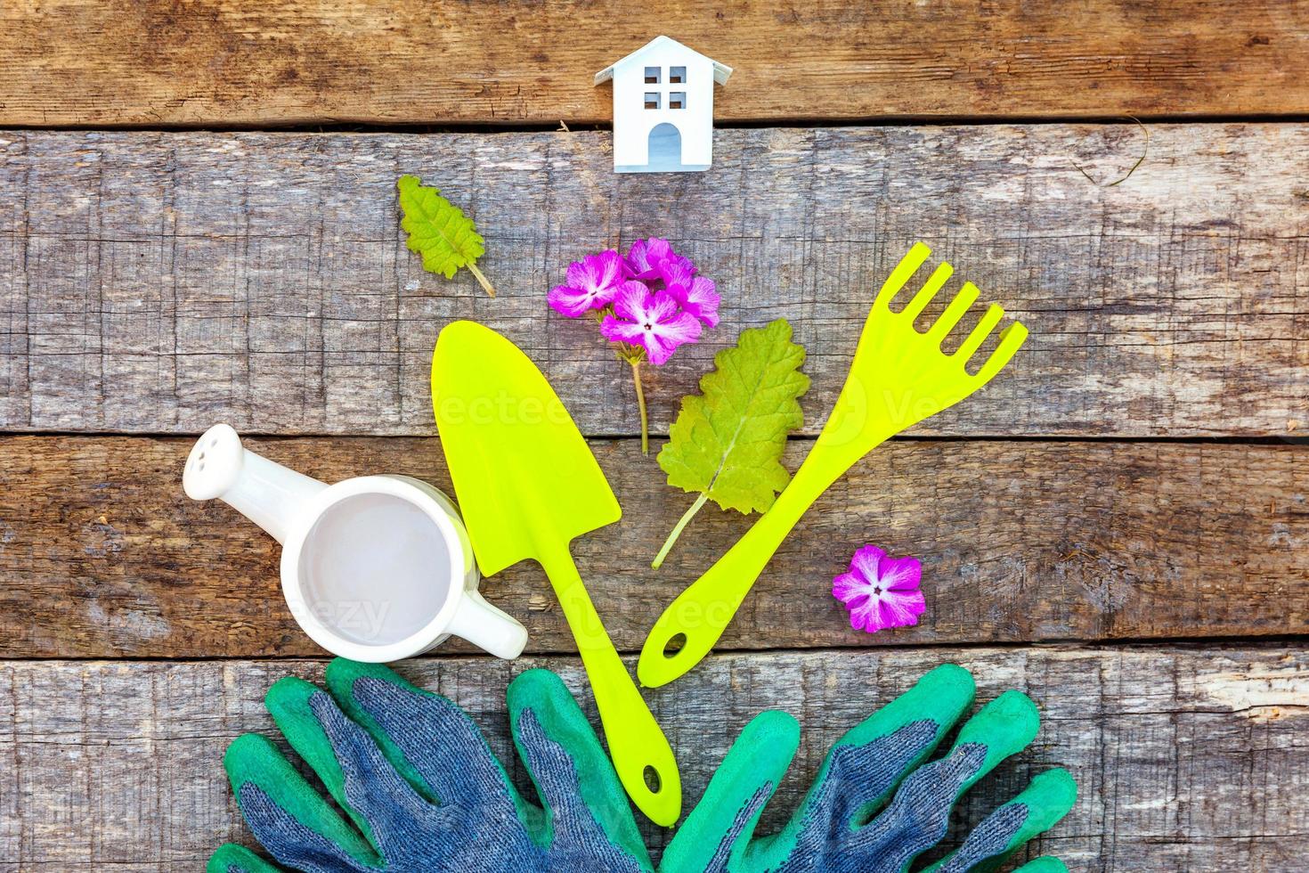 Gardening Tools on wooden background photo