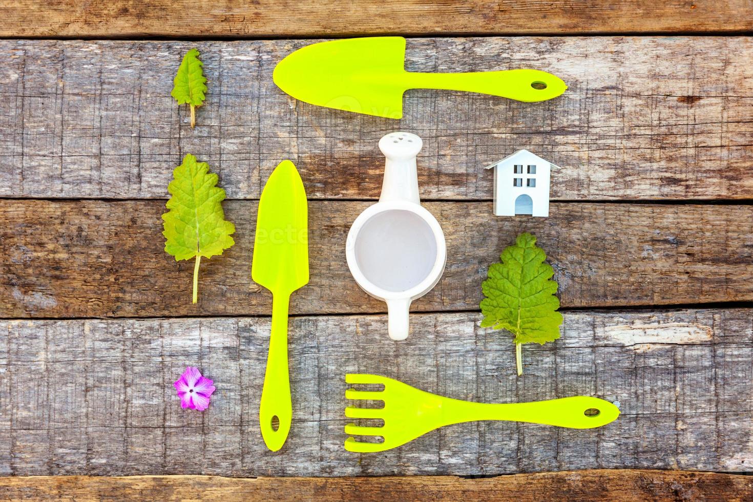 Gardening Tools on wooden background photo