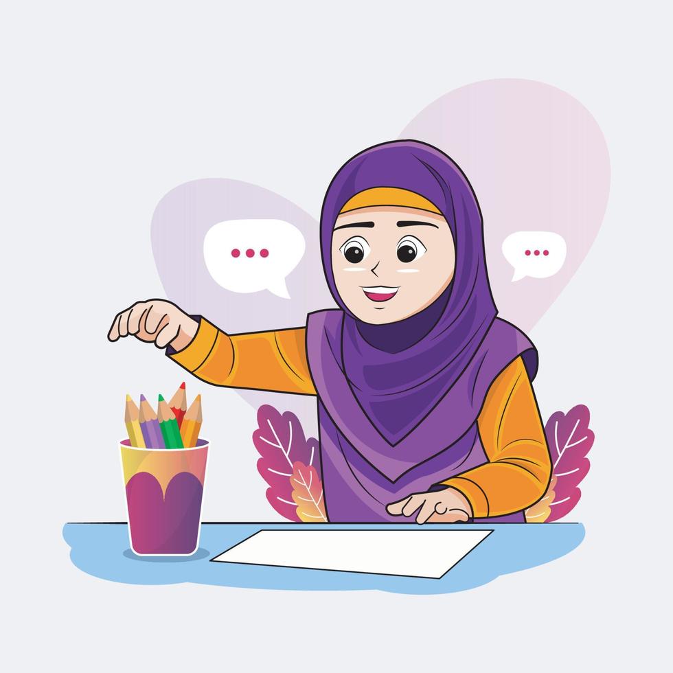 Hijab little girl wants to draw on paper vector illustration pro download