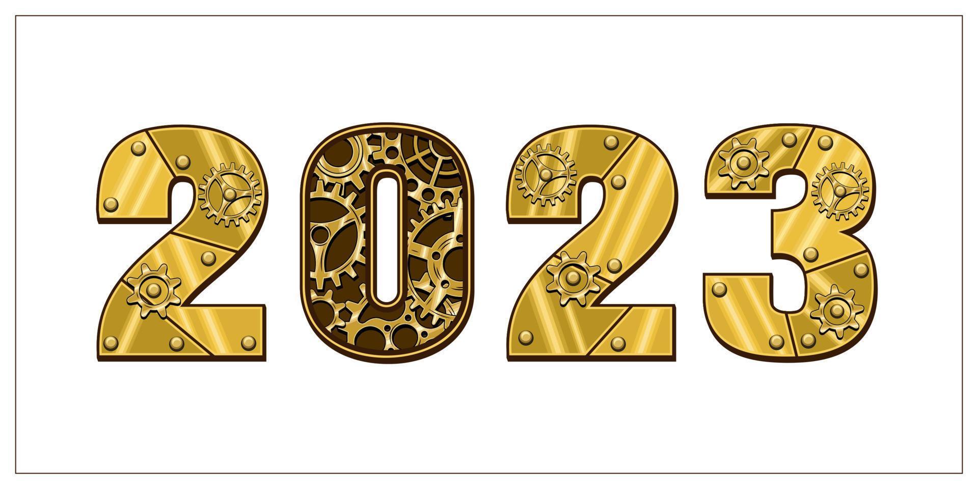 Numbers 2023 made of shiny brass, gold metal plates, gears, cogwheels, rivets in steampunk style. Isolated on white. vector