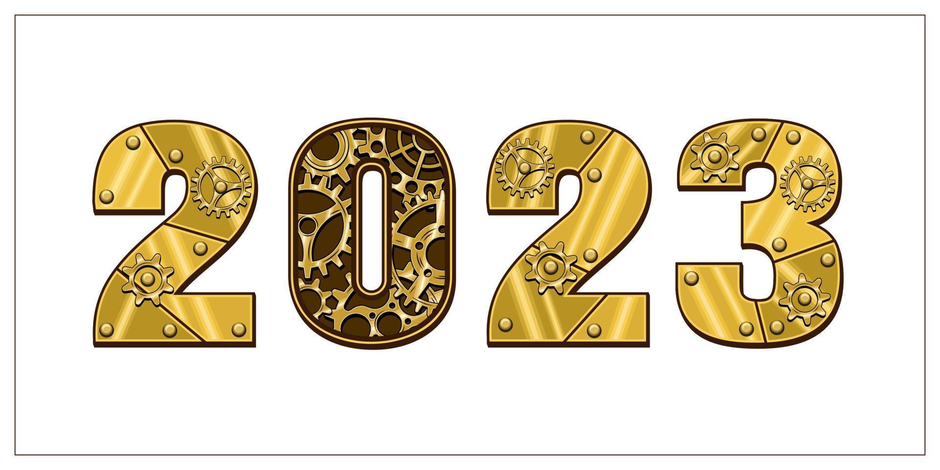 números 2023 hechos de latón brillante, placas de metal dorado, engranajes, ruedas dentadas, remaches en estilo steampunk. aislado en blanco vector