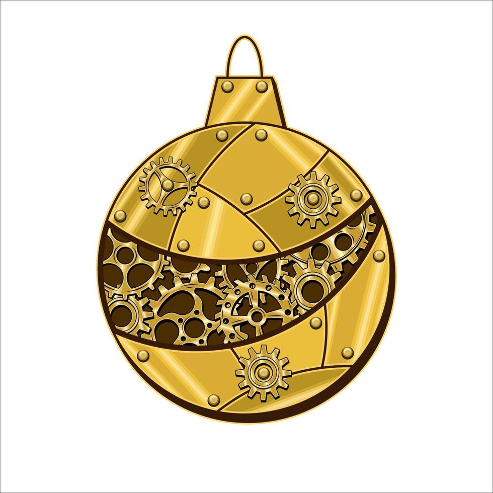 Christmas ball made of shiny brass, gold metal plates, gears, cogwheels, rivets in steampunk style. Vector illustration.