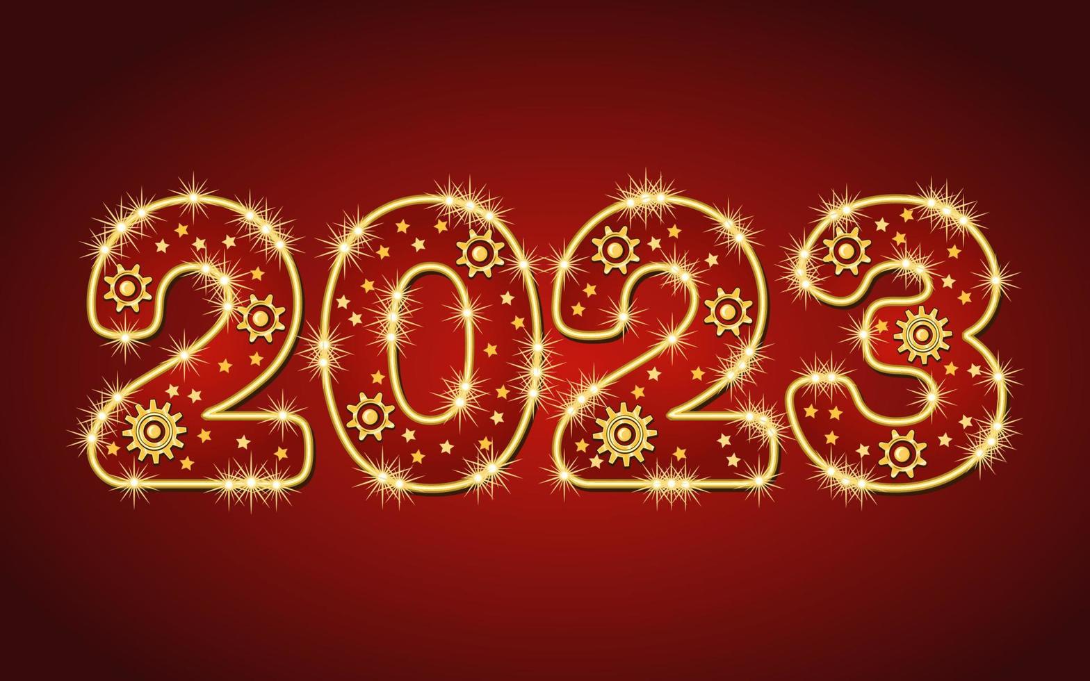 Numbers 2023 made of gold wire with gears, sparkles, little scattered stars on a red background in steampunk style. No transparency effect. Vector illustration